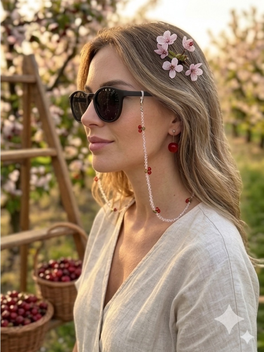 Clear Beaded Eyewear Chain with Red Cherry Accent